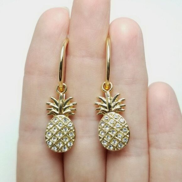 Vintage Rhinestone Encrusted Pineapple Charm Dangle Hoop Earrings, Retro Estate - Picture 5 of 6